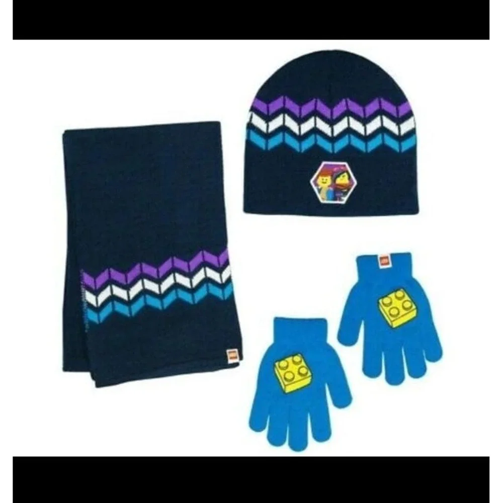 LEGO Movie 2 Hat Scarf Glove‎ Set Kids OSFM Navy Blue New Winter Beanie Chevron